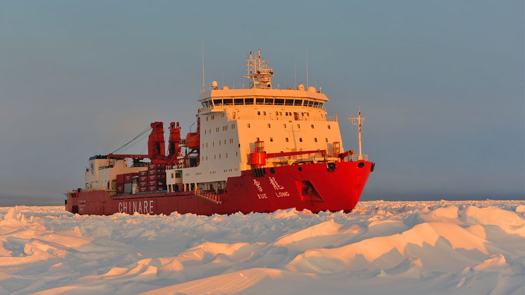 The Xue Long makes its way through sea ice