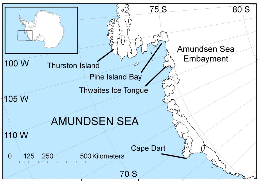 The part of the West Antarctica Ice Sheet that touches the Amundsen Sea has been losing ice very rapidly in recent years due to the incursion of a warm water ocean current into the region. - © NASA