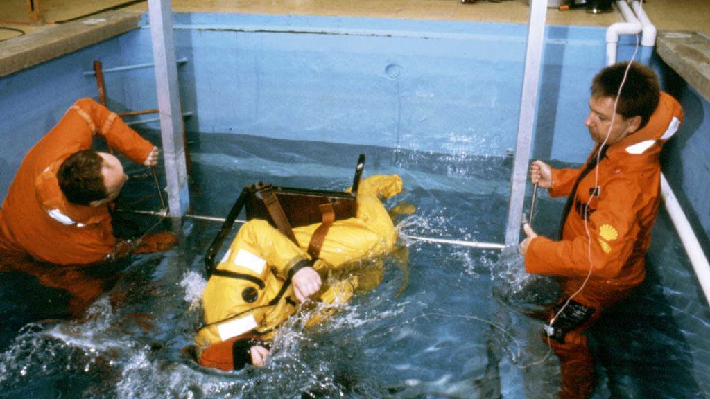 Professor Tipton and colleagues conducting an experiment on cold immersion in Portsmouth, England. - © Michael Tipton