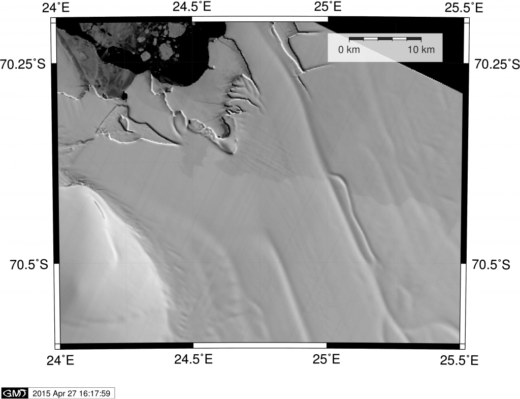 The ice channels are clearly visible in this satellite image of the King Baudouin Ice Shelf in East Antarctica. - © Glaciology Laboratory, Université Libre de Bruxelles