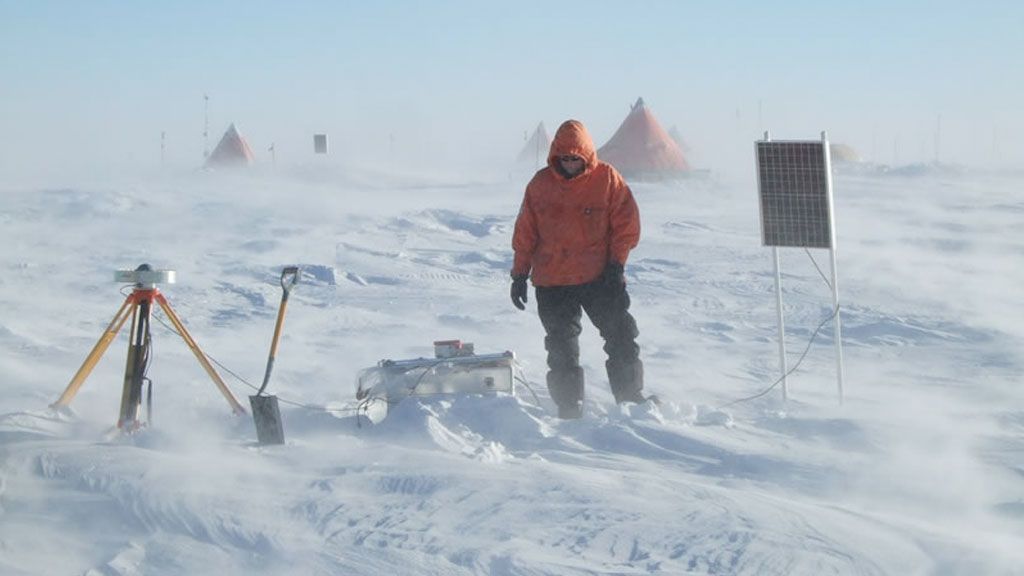 GPS measurements of ice flow being conducted over the centre of Subglacial Lake Ellsworth