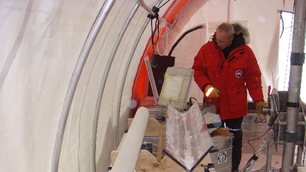 Tas van Ommen working with a section of an ice core at Law Dome in Antarctica