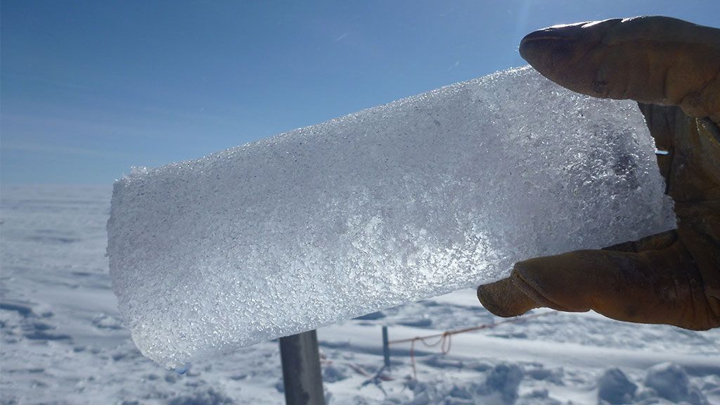 An ice core segment extracted from the aquifer by Koenig's team