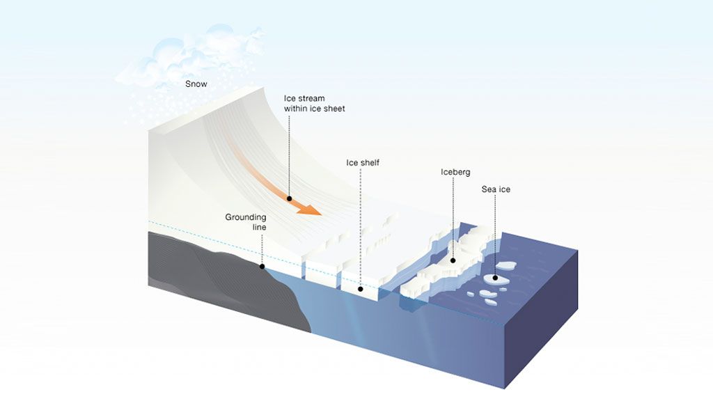 Image illustrating how ice flows off the continent and out to an ice shelf, which floats on the surface of the ocean. - © IPF